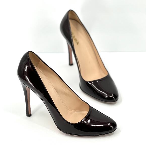 PRADA Patent Leather Stiletto Pump Womens 37.5 Deep Oxblood Almond Toe Shoe Heel - Picture 1 of 13
